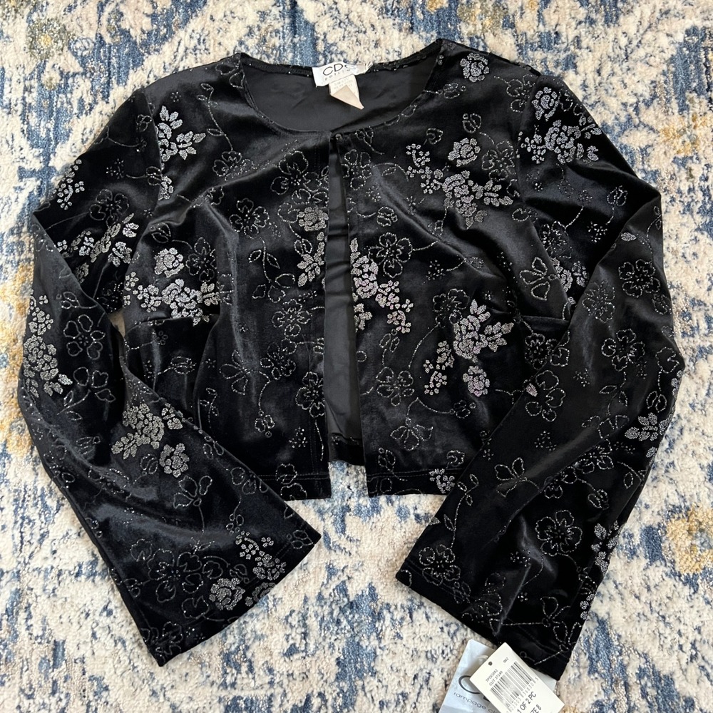 CDC Petites Black Velvet Silver Glitter Floral Cropped Cardigan Size 8 90s